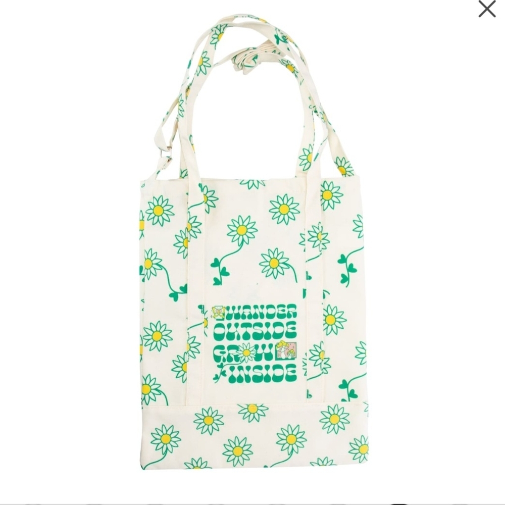 Floral Print Tote Bag - Cream and Green Crossbody tote 13" x 17"
